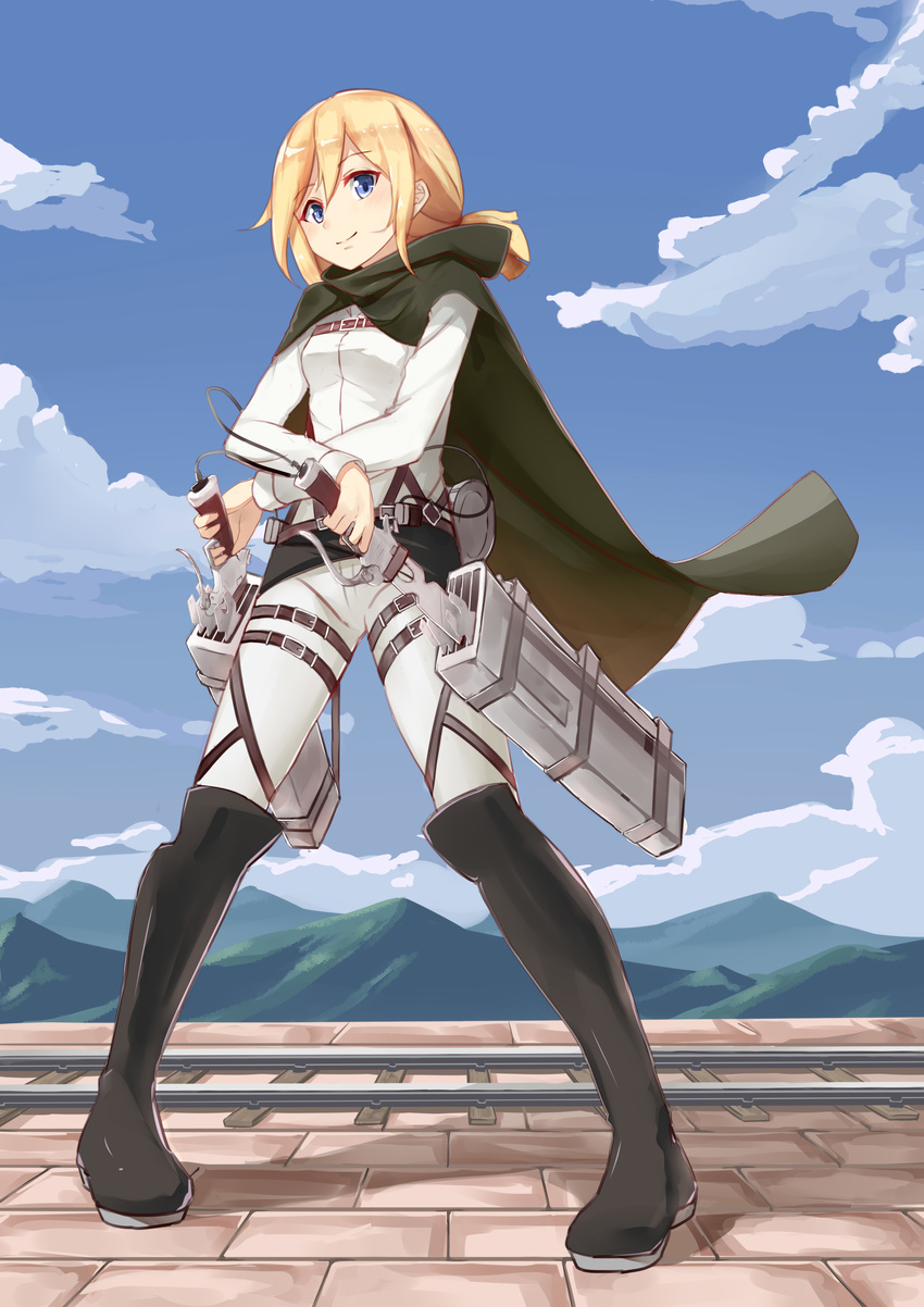 absurdres blonde_hair blue_eyes blue_sky blush boots cape christa_renz cloud day denim full_body highres jeans long_sleeves looking_at_viewer lulumiya_(abbb1233) pants paradis_military_uniform ponytail railroad_tracks shingeki_no_kyojin sky smile solo standing three-dimensional_maneuver_gear weapon