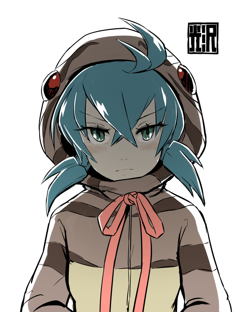 ahoge aqua_hair commentary eyes_visible_through_hair green_eyes hair_between_eyes highres hood hoodie kemono_friends looking_at_viewer ribbon seigetsu_kotaku serious simple_background solo striped_hoodie tsuchinoko_(kemono_friends) upper_body white_background