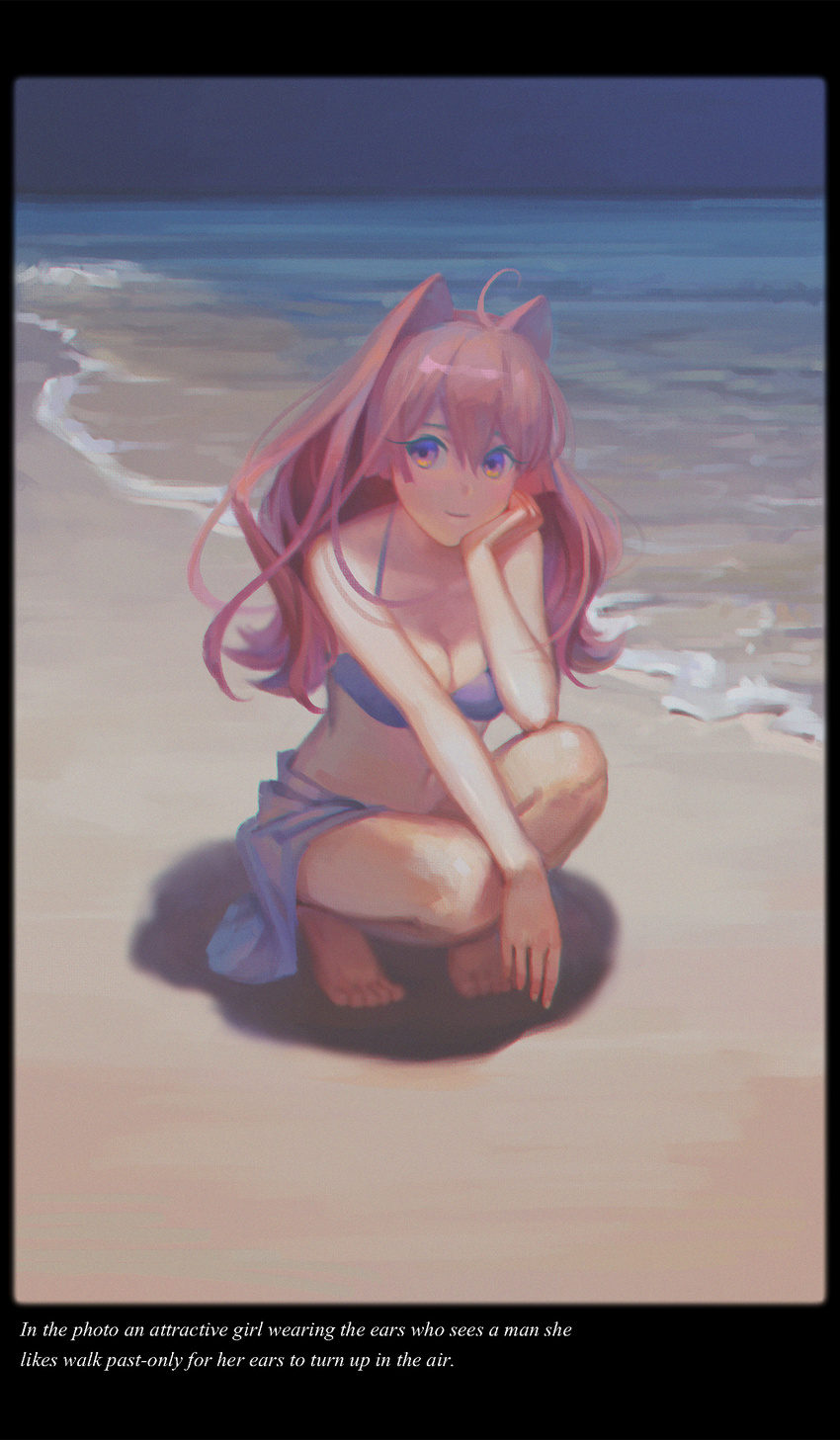 absurdres ahoge animal_ears beach breasts cat_ears cleavage closed_mouth e=mc2_(qq53712033) english highres large_breasts long_hair looking_away navel original pink_hair purple_eyes smile solo squatting windowboxed