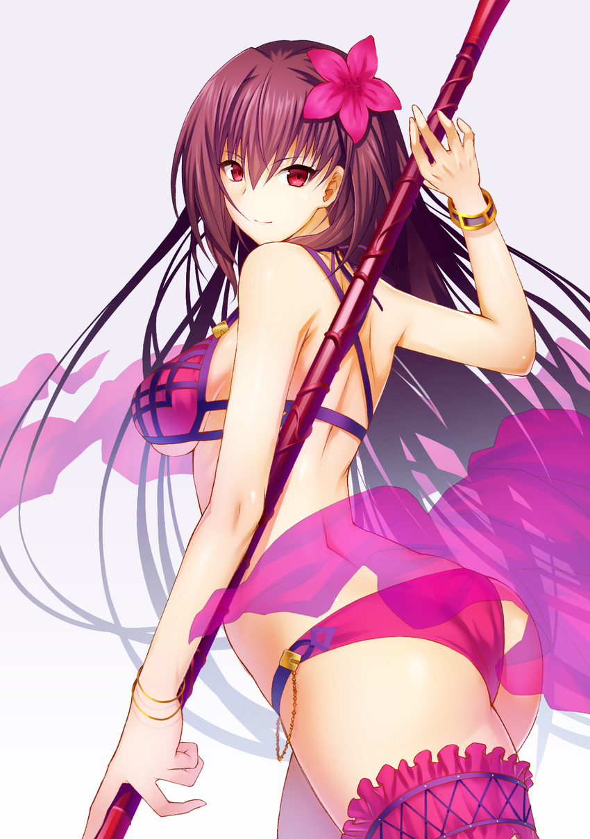 ass bangle bikini bracelet breasts emanon123 fate/grand_order fate_(series) flower gae_bolg hair_flower hair_ornament highres jewelry leg_garter long_hair looking_at_viewer medium_breasts polearm purple_bikini purple_hair red_eyes scathach_(fate)_(all) scathach_(swimsuit_assassin)_(fate) shael simple_background smile solo spear swimsuit weapon