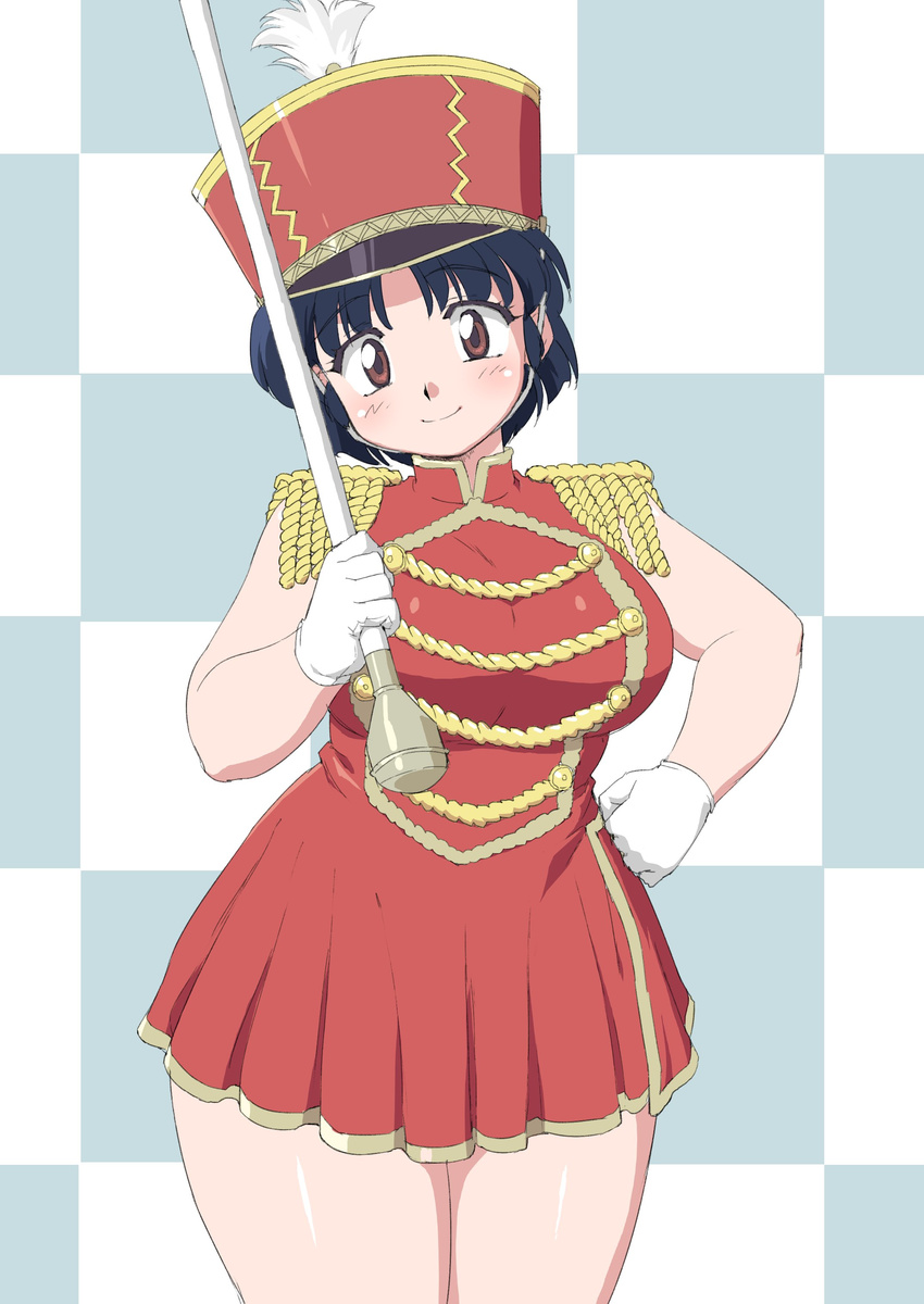 absurdres alternate_costume bare_arms blue_hair blush breasts brown_eyes commentary_request curvy gloves hat head_tilt highres large_breasts legs_together looking_at_viewer mage_(harumagedon) marching_band marching_band_baton plump ranma_1/2 short_hair smile solo tendou_akane thick_thighs thighs uniform white_gloves
