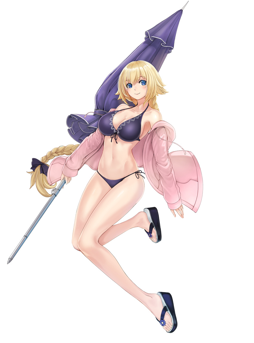 bad_id bad_pixiv_id bangs bikini black_bow blonde_hair blue_bikini blue_eyes blush bow braid breasts cleavage closed_mouth collarbone eyebrows_visible_through_hair fate/apocrypha fate/grand_order fate_(series) flip-flops front-tie_bikini front-tie_top full_body hair_bow highres hood hoodie jeanne_d'arc_(fate) jeanne_d'arc_(fate)_(all) large_breasts long_hair looking_at_viewer mhg_(hellma) navel open_clothes open_hoodie sandals side-tie_bikini sidelocks single_braid smile solo swimsuit tareme thighs transparent_background very_long_hair