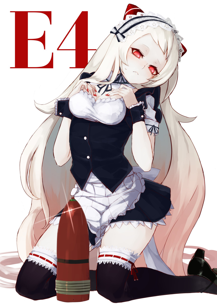 1girl absurdres airfield_hime alternate_costume ammunition apron black_footwear black_legwear blush breasts cleavage enmaided high_heels highres horns kantai_collection kumonji_aruto long_hair looking_at_viewer maid maid_headdress mary_janes medium_breasts red_eyes sexually_suggestive shinkaisei-kan shoes short_sleeves solo thighhighs waist_apron white_hair wrist_cuffs