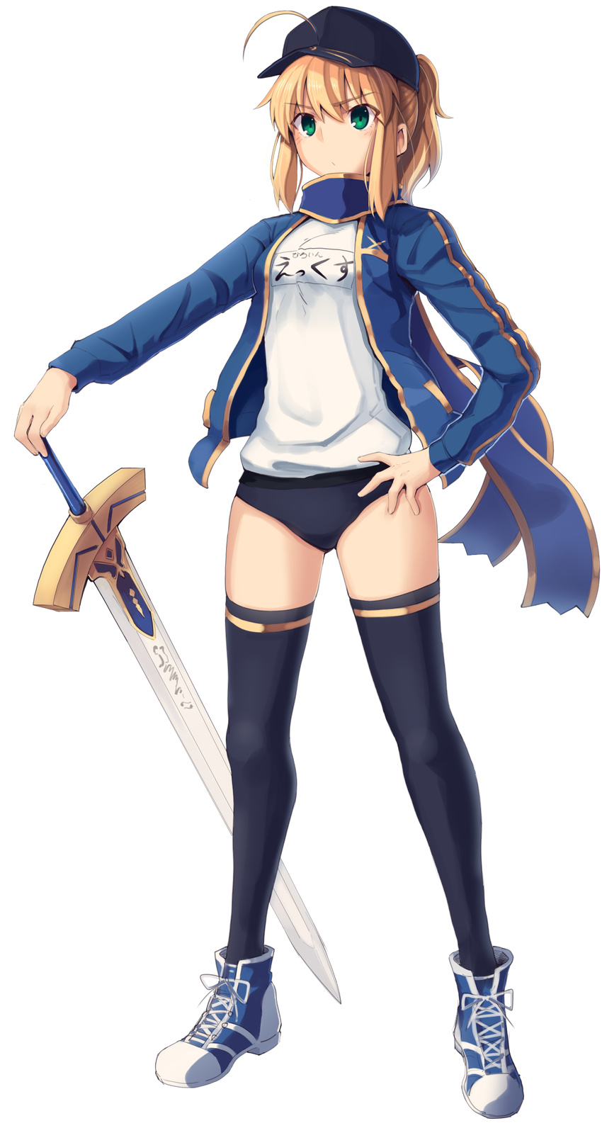 absurdres ahoge artoria_pendragon_(all) bangs baseball_cap black_buruma black_hat black_legwear blonde_hair blue_footwear blue_jacket blue_scarf blush boa_(brianoa) buruma clothes_writing commentary eyebrows_visible_through_hair fate_(series) full_body green_eyes gym_uniform hand_on_hilt hand_on_hip hat highres himitsucalibur holding holding_sword holding_weapon jacket laces leg_up legs_apart long_hair long_sleeves looking_away mysterious_heroine_x open_clothes open_jacket pocket ponytail rojiura_satsuki:_chapter_heroine_sanctuary scarf shirt shoelaces shoes sidelocks sneakers solo standing sword t-shirt thighhighs track_jacket transparent_background weapon white_shirt