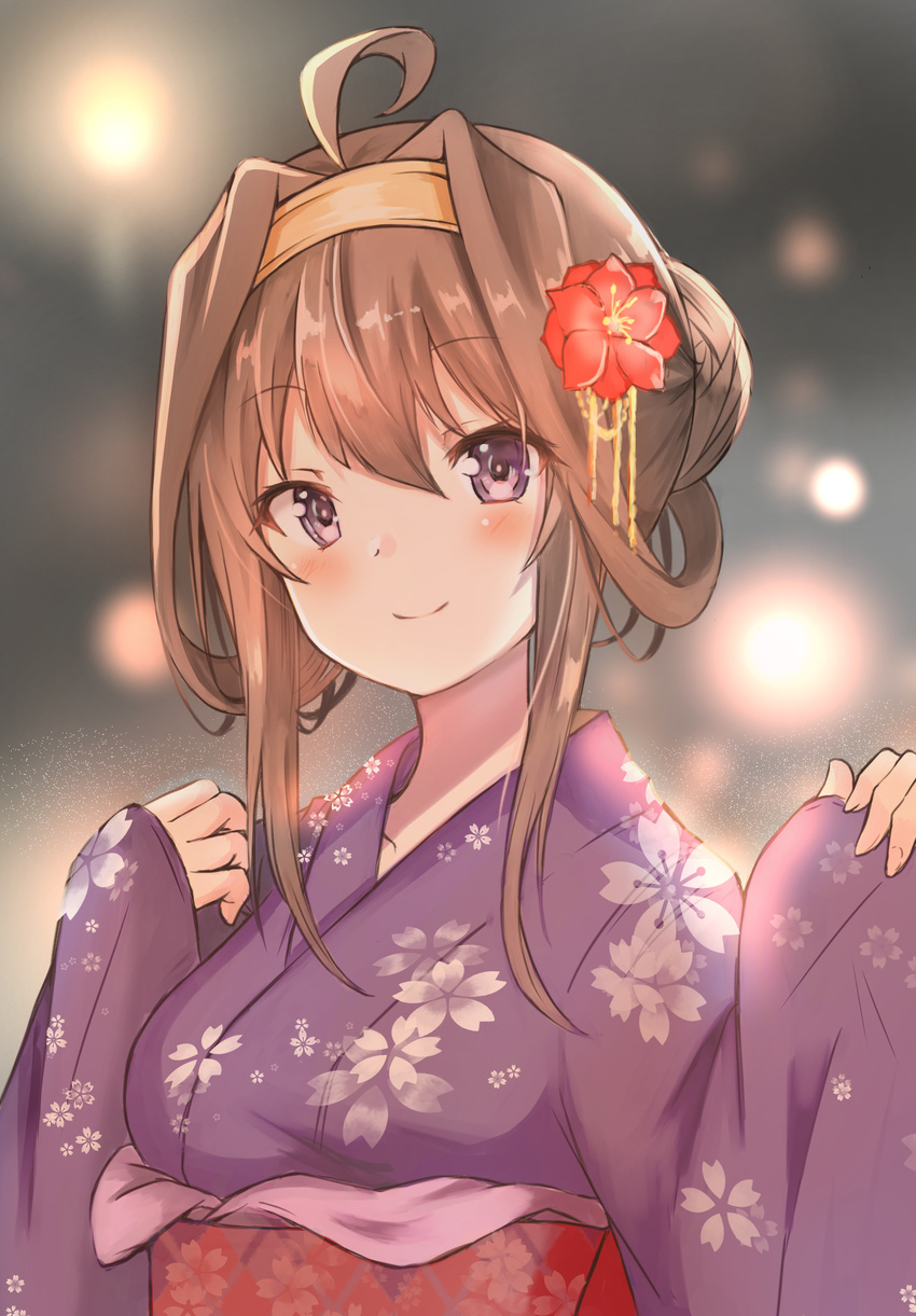 absurdres ahoge bangs blush breasts brown_hair closed_mouth commentary eyebrows_visible_through_hair festival flower hair_between_eyes hair_flower hair_ornament hairband hands_up highres japanese_clothes kantai_collection kanzashi kimono kongou_(kantai_collection) long_hair looking_at_viewer medium_breasts obi outdoors purple_eyes purple_kimono red_flower sash shibakame sidelocks sleeves_past_wrists smile solo upper_body wide_sleeves