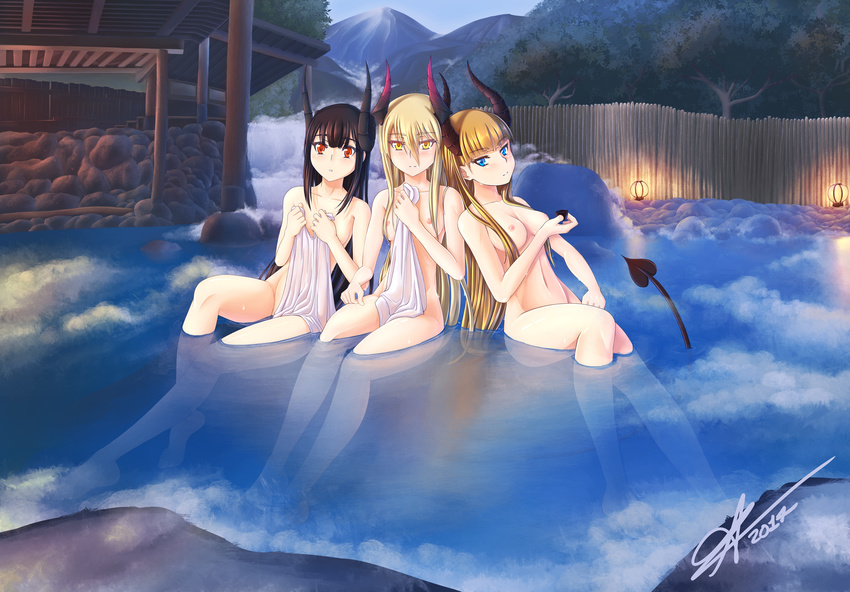 3girls arazand architecture bangs bathing black_hair blonde_hair blue_eyes blunt_bangs breasts choko_(cup) covering covering_breasts cup day demon_horns demon_tail east_asian_architecture fence forest hair_between_eyes highres holding horns lamp leaning_on_person light_smile long_hair looking_at_viewer medium_breasts mountain multiple_girls nature nude onsen orange_hair original outdoors partially_submerged red_eyes signature sitting small_breasts stone_wall tail towel wall water waterfall wooden_fence yellow_eyes