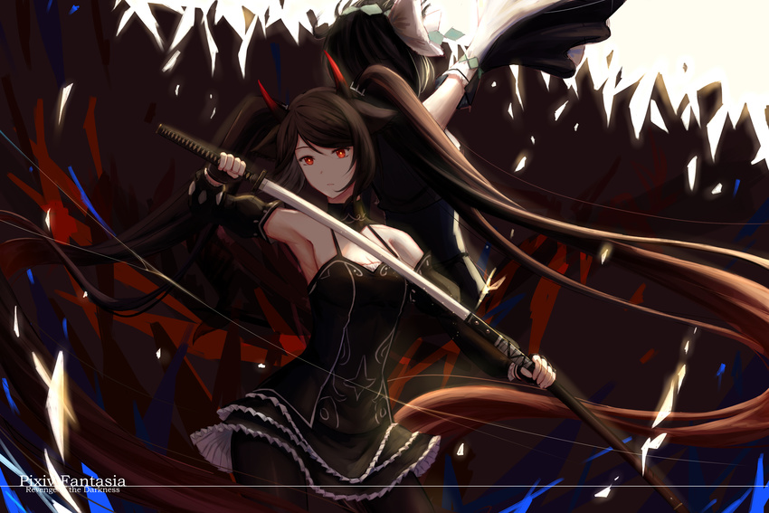 absurdres black_gloves black_hair breasts cleavage closed_mouth copyright_name fingerless_gloves gloves highres holding holding_sheath holding_sword holding_weapon large_breasts long_hair looking_at_viewer original pixiv_fantasia pixiv_fantasia_revenge_of_the_darkness red_eyes sheath solo sword twintails unsheathing weapon xing_muhen