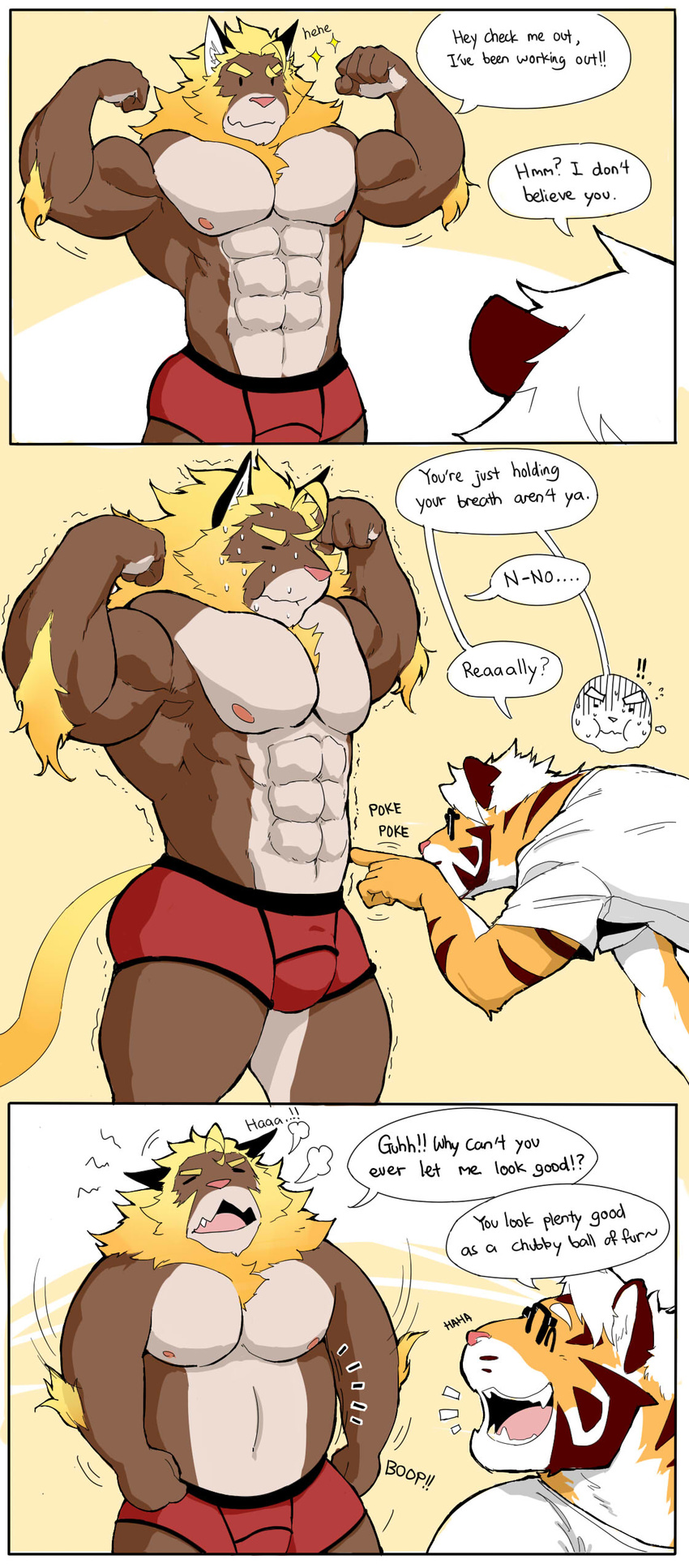 ! 0rang3 2015 ^_^ abs annoyed anthro arm_tuft barazoku belly bent_over biceps big_belly biped boxer_briefs brown_fur brown_stripes bulge chest_tuft clothed clothing comic dialogue digital_drawing_(artwork) digital_media_(artwork) dot_eyes duo english_text eyes_closed eyewear facial_markings fangs feline flexing flying_sweatdrops fur glasses hair holding_breath humor inner_ear_fluff kemono laugh lion long_tail looking_at_belly malaysian male mammal mane mane_hair markings moobs motion_lines musclechub muscular muscular_male nipples onomatopoeia open_mouth open_smile orange_background orange_fur orange_hair panting pecs pictographics pink_nipples pink_nose pink_tongue pointing poling red_clothing romantic_couple shaking shirt shivering short_hair simple_background smile sound_effects sparkling speech_bubble standing striped_fur stripes sweat sweatdrop text tiger tongue topless tuft underwear white_clothing white_fur white_hair yellow_fur