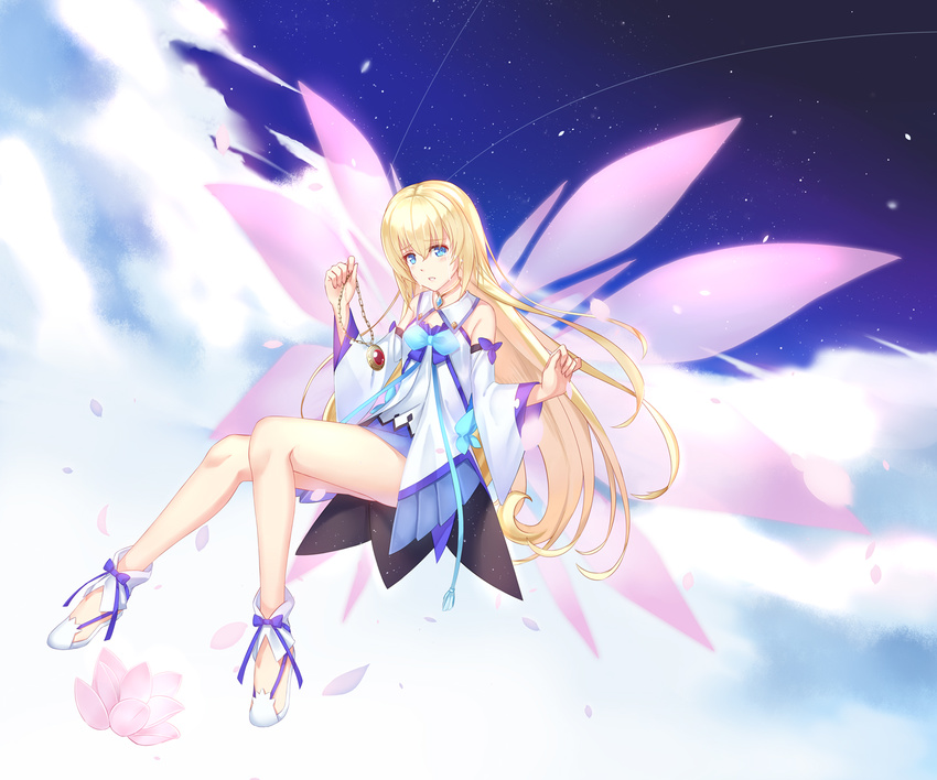 blonde_hair blue_eyes blush cloud collet_brunel commentary crying crying_with_eyes_open detached_sleeves dress eyebrows_visible_through_hair flower full_body hair_between_eyes head_tilt highres holding_necklace jewelry knees_together_feet_apart long_hair looking_at_viewer necklace nichts_(nil) parted_lips petals pink_wings shoes sky solo tales_of_(series) tales_of_asteria tales_of_symphonia tears transparent_wings very_long_hair white_footwear wings