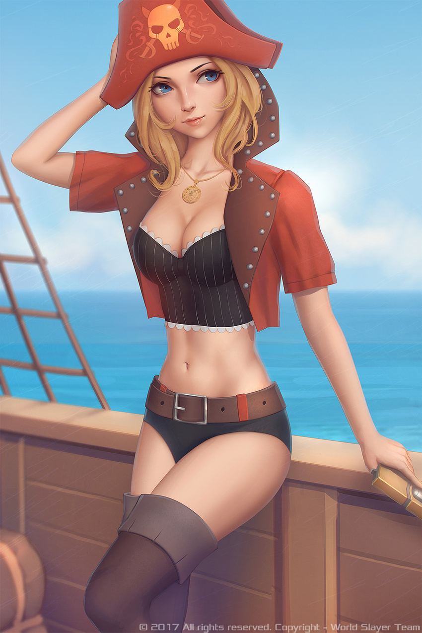 arm_at_side belt blonde_hair blue_eyes blue_sky boots breasts brown_belt brown_footwear bustier cleavage closed_mouth crop_top day hand_on_head highres jewelry looking_to_the_side medium_breasts midriff miura-n315 navel necklace outdoors red_eyes ship short_sleeves skull sky solo stomach striped sunlight thigh_boots thighhighs vertical_stripes watercraft