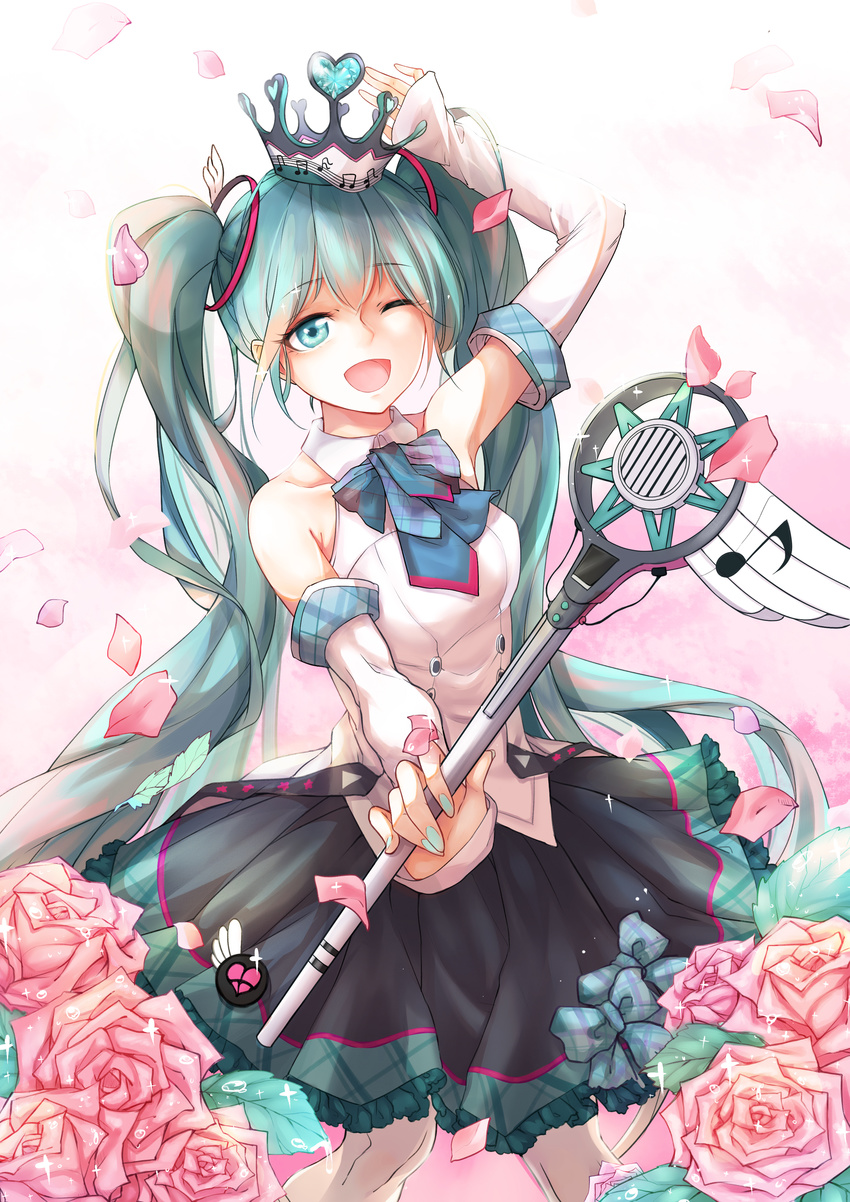 absurdres aqua_eyes aqua_hair arm_up beamed_eighth_notes beamed_sixteenth_notes cowboy_shot crown detached_sleeves eighth_note flower hatsune_miku highres long_hair looking_at_viewer magical_mirai_(vocaloid) microphone musical_note nail_polish one_eye_closed open_mouth petals rose sixteenth_note skirt solo twintails very_long_hair vocaloid ya_kexi