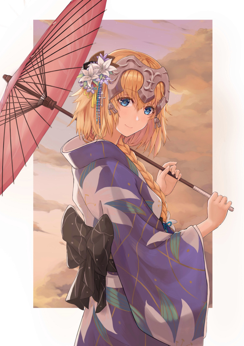absurdres blonde_hair blue_eyes braid eyebrows_visible_through_hair fate/apocrypha fate/grand_order fate_(series) flower from_side hair_flower hair_ornament highres holding holding_umbrella japanese_clothes jeanne_d'arc_(fate) jeanne_d'arc_(fate)_(all) kimono long_hair looking_at_viewer obi oriental_umbrella red_umbrella sash shiko_(pixiv3834224) smile solo standing umbrella white_background white_flower yukata
