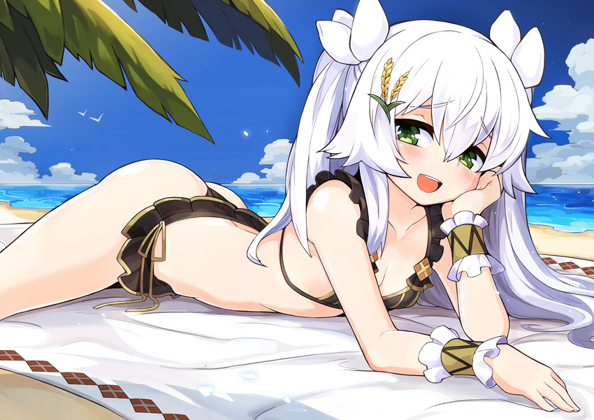 :d arm_support ass bare_shoulders beach beach_towel bikini bikini_skirt black_bikini blue_sky blush breasts cleavage cloud collarbone commentary_request day dong-jin_rice-hime eyebrows_visible_through_hair foreshortening frilled_bikini frills green_eyes green_hair hair_between_eyes hair_ornament hair_ribbon hand_on_own_cheek highres horizon long_hair looking_at_viewer lying mou_tama_maru on_stomach open_mouth outdoors outstretched_arms palm_tree raised_eyebrows ribbon round_teeth silver_hair sky small_breasts smile solo suiji swimsuit teeth towel tree twintails wrist_cuffs