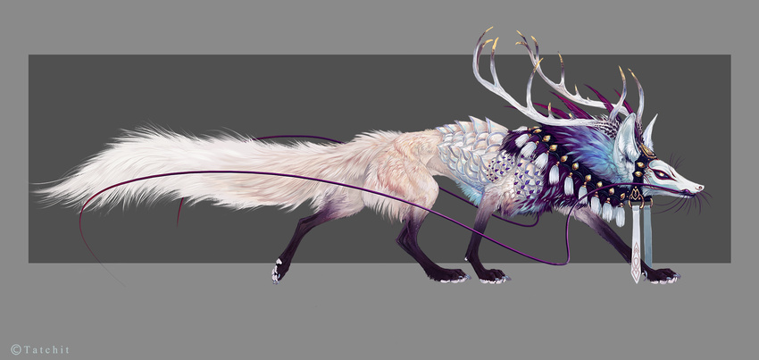 ambiguous_gender antlers canine feral fur hi_res horn hybrid mammal paws simple_background solo tatchit white_fur