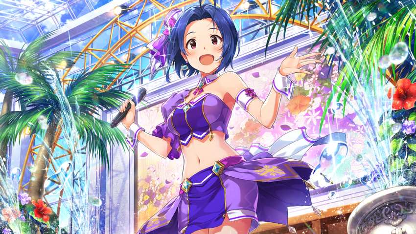 ahoge armpits artist_request bare_shoulders blue_hair blush breasts day earrings flower hair_ornament hat idol idolmaster idolmaster_(classic) idolmaster_million_live! idolmaster_million_live!_theater_days jewelry looking_at_viewer medium_breasts microphone midriff mini_hat miura_azusa navel official_art outdoors outstretched_arms palm_tree purple_skirt red_eyes short_hair skirt smile solo spread_arms stage sunlight tree water wrist_cuffs