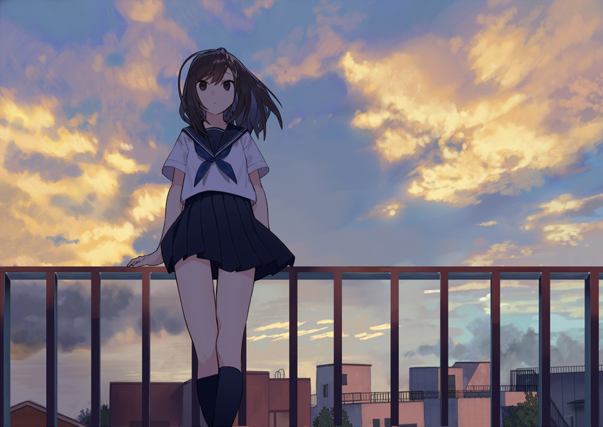 bangs black_legwear black_skirt blouse blue_neckwear blue_sky brown_eyes brown_hair closed_mouth cloud cloudy_sky commentary_request day evening expressionless fence kneehighs leaning_on_object long_hair misoni_comi neckerchief original outdoors pleated_skirt railing school_uniform serafuku short_sleeves skirt sky solo standing thighs town white_blouse wind wind_lift