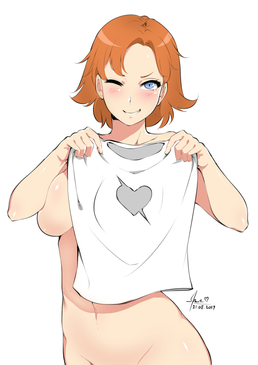 2017 ;d absurdres blue_eyes blush breasts covering_nipples groin highres looking_at_viewer navel no_panties nora_valkyrie nude orange_hair rwby shirt short_hair signature smile t-shirt topless white_shirt