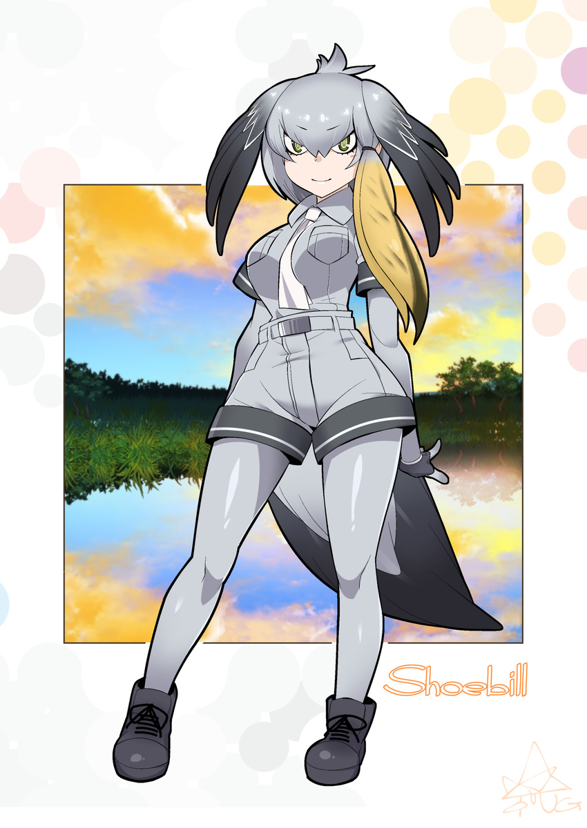 bird_tail black_gloves black_hair breasts commentary_request eyebrows_visible_through_hair fingerless_gloves gloves grey_hair grey_shirt head_wings highres kemono_friends large_breasts long_hair low_ponytail multicolored_hair necktie shirt shoebill_(kemono_friends) short_sleeves side_ponytail solo umigarasu_(kitsune1963)