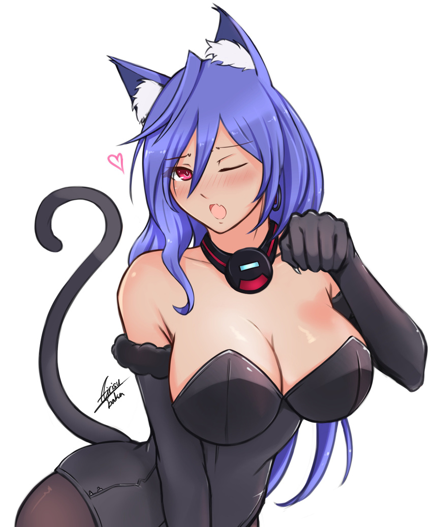 ;) absurdres ahoge airisubaka alternate_costume animal_ears artist_name bangs bare_shoulders blue_hair blush body_blush breasts cat_ears cat_tail choujigen_game_neptune cleavage covered_navel cowboy_shot detached_sleeves elbow_gloves fishnet_legwear fishnet_pantyhose fishnets gloves hair_between_eyes heart highres iris_heart jewelry kami_jigen_game_neptune_v kemonomimi_mode kittysuit large_breasts leotard light_smile long_hair looking_at_viewer neptune_(series) one_eye_closed open_mouth pantyhose paw_gloves paw_pose paws pose power_symbol red_eyes signature simple_background smile solo symbol-shaped_pupils tail very_long_hair