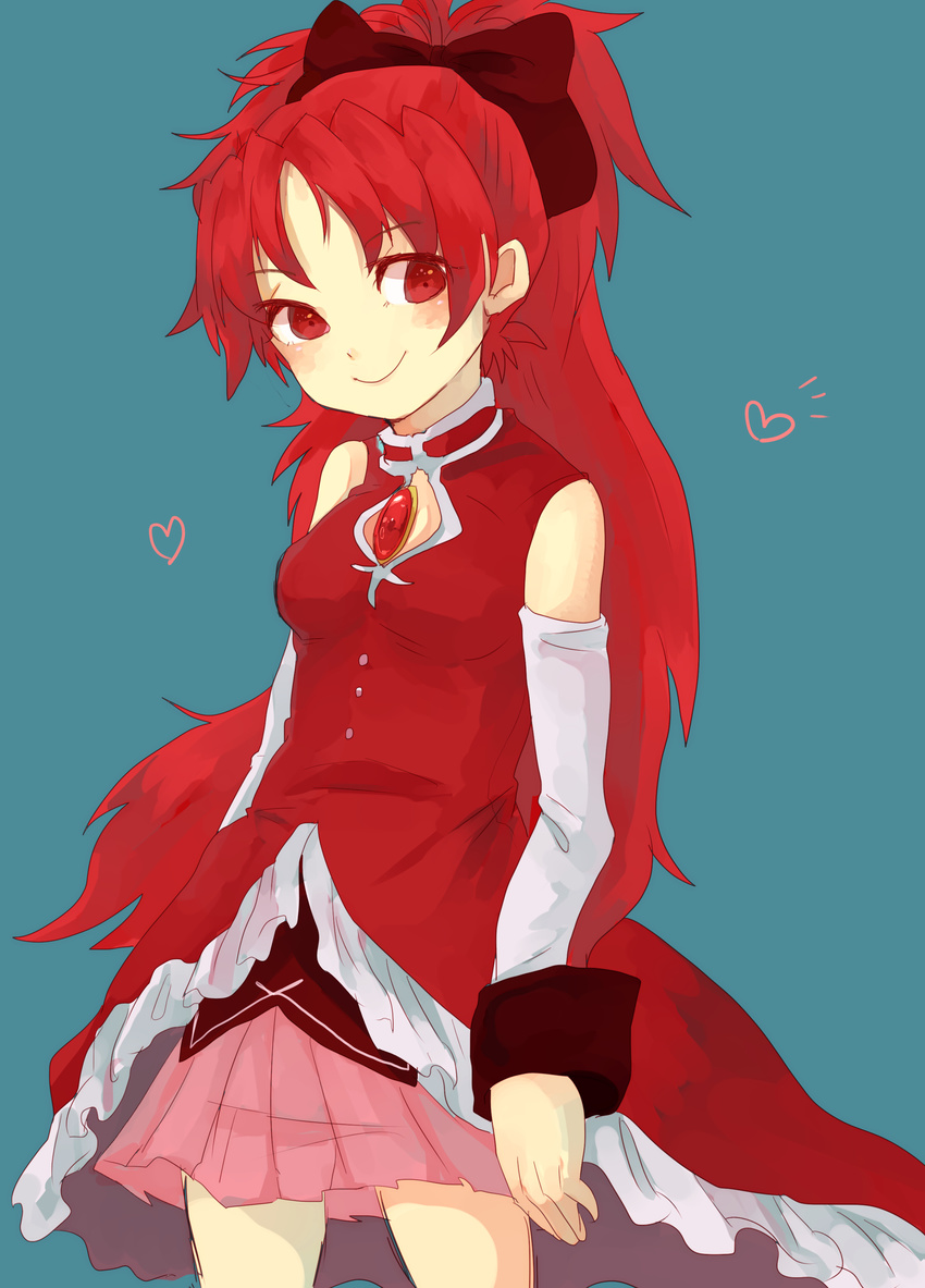1girl artist_request bare_shoulders blue_background blush bow breasts detached_sleeves eyebrows_visible_through_hair gem hair_bow heart highres long_hair magical_girl mahou_shoujo_madoka_magica medium_breasts pink_skirt ponytail red_eyes red_hair sakura_kyouko simple_background smile solo
