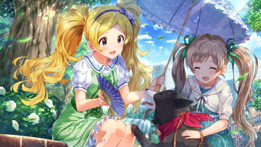 ahoge animal blonde_hair blue_sky blush brown_hair closed_eyes collarbone day dog dress emily_stewart fan flower green_dress hair_ribbon hairband hakozaki_serika holding holding_umbrella idolmaster idolmaster_million_live! idolmaster_million_live!_theater_days jewelry leash long_hair multiple_girls official_art open_mouth outdoors parasol puffy_short_sleeves puffy_sleeves purple_eyes ribbon short_sleeves sitting sky smile sunlight tree twintails umbrella very_long_hair