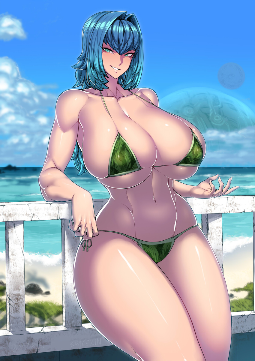 against_railing aqua_eyes bangs bare_arms bare_shoulders beach bikini blue_hair blue_sky blurry blurry_background breasts bursting_breasts cleavage cloud collarbone cowboy_shot curvy dated day depth_of_field eyebrows_visible_through_hair green_bikini grin highres huge_breasts leaf_print long_hair looking_at_viewer micro_bikini multiple_moons navel ocean original outdoors railing shore signature skindentation sky smile solo space_jin standing strap_gap swimsuit thick_thighs thighs underboob wide_hips zoe_(space_jin)
