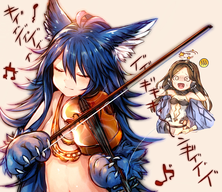 @_@ absurdres animal_ear_fluff animal_ears beamed_eighth_notes beige_background black_gloves blue_hair brown_hair claws closed_eyes commentary_request eighth_note fenrir_(shingeki_no_bahamut) gloves granblue_fantasy hair_between_eyes hairband highres instrument long_hair multiple_girls music musical_note novei_(granblue_fantasy) paws playing_instrument purple_eyes scroll star sukemyon wolf_ears