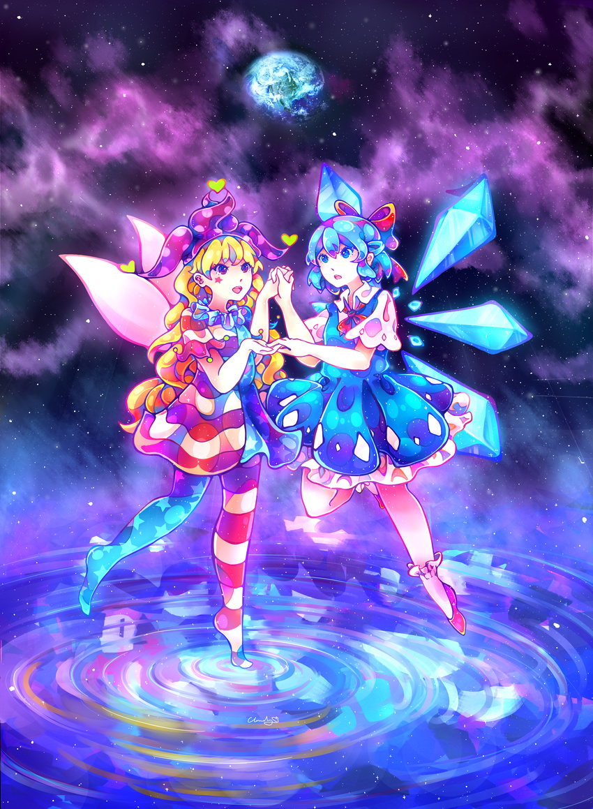 :d :o absurdres american_flag_dress american_flag_legwear bangs blonde_hair blue_dress blue_eyes blue_hair cirno cloudytian clownpiece collared_shirt commentary diamond_(shape) dress earth fairy_wings frilled_dress frilled_legwear frills hair_ribbon hands_together hat heart highres holding_hands ice ice_wings interlocked_fingers jester_cap long_hair multiple_girls neck_ribbon neck_ruff open_mouth polka_dot polka_dot_hat purple_eyes purple_hat red_footwear red_ribbon ribbon ripples shirt shoes short_hair short_sleeves sky sleeveless sleeveless_dress smile space star star_(sky) star_tattoo starry_sky striped striped_legwear tattoo touhou very_long_hair white_legwear white_shirt wings