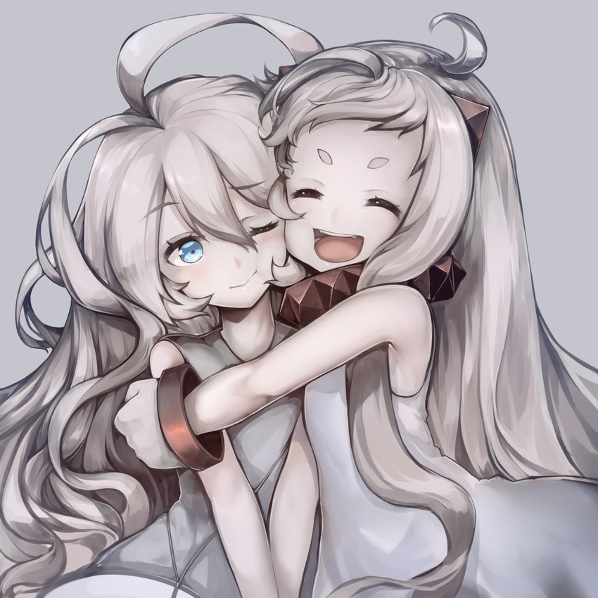 ^_^ ^o^ ahoge blue_eyes closed_eyes commentary_request dress grey_background hachachi hair_between_eyes highres horns hug huge_ahoge kantai_collection long_hair mittens multiple_girls northern_ocean_hime one_eye_closed open_mouth shinkaisei-kan simple_background sleeveless smile submarine_new_hime white_dress white_hair white_skin