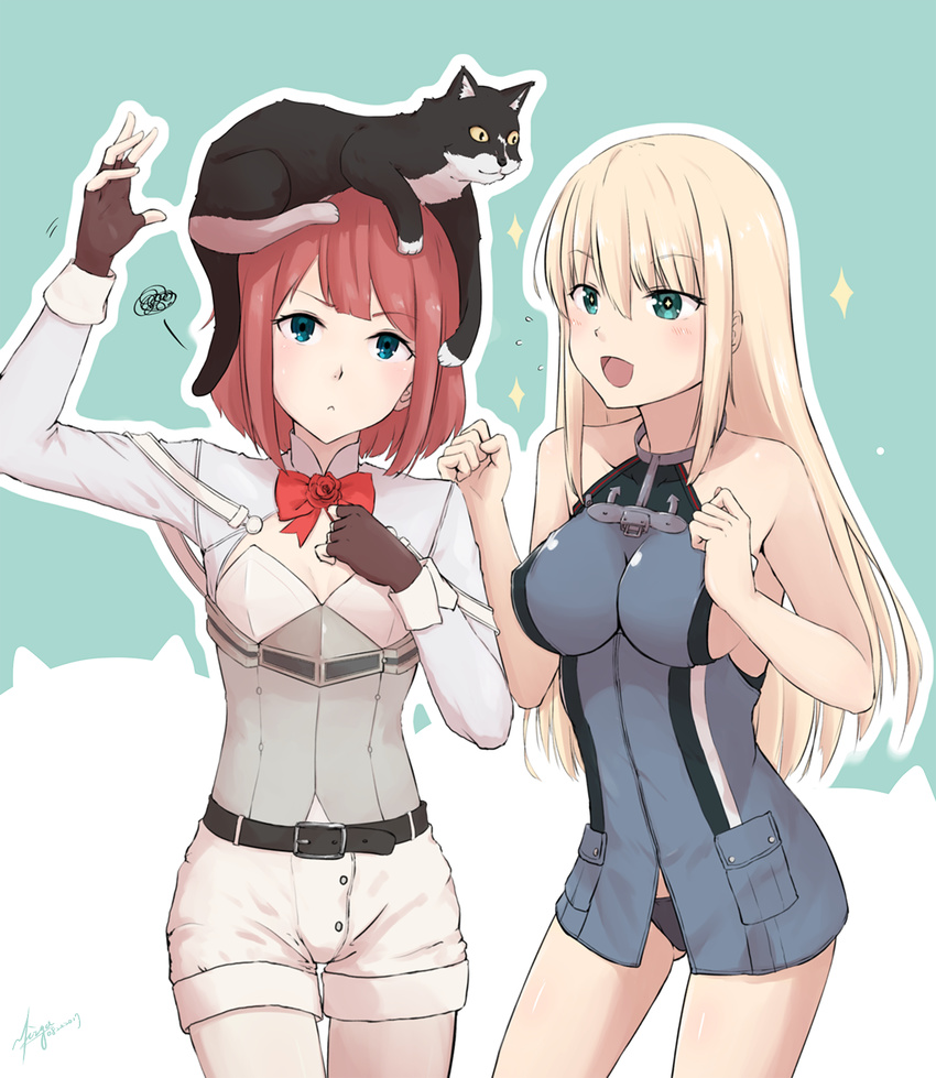 anchor animal animal_on_head ark_royal_(kantai_collection) bangs bismarck_(kantai_collection) black_panties blonde_hair blue_background blue_eyes blunt_bangs bob_cut breastplate brown_gloves cat cat_on_head cleavage_cutout commentary_request cowboy_shot fingerless_gloves gloves highres impossible_clothes kantai_collection long_sleeves multiple_girls no_hairband no_hat no_headwear on_head open_mouth panties pantyhose red_hair red_ribbon ribbon short_hair shorts squiggle underwear unsinkable_sam white_shorts yirga