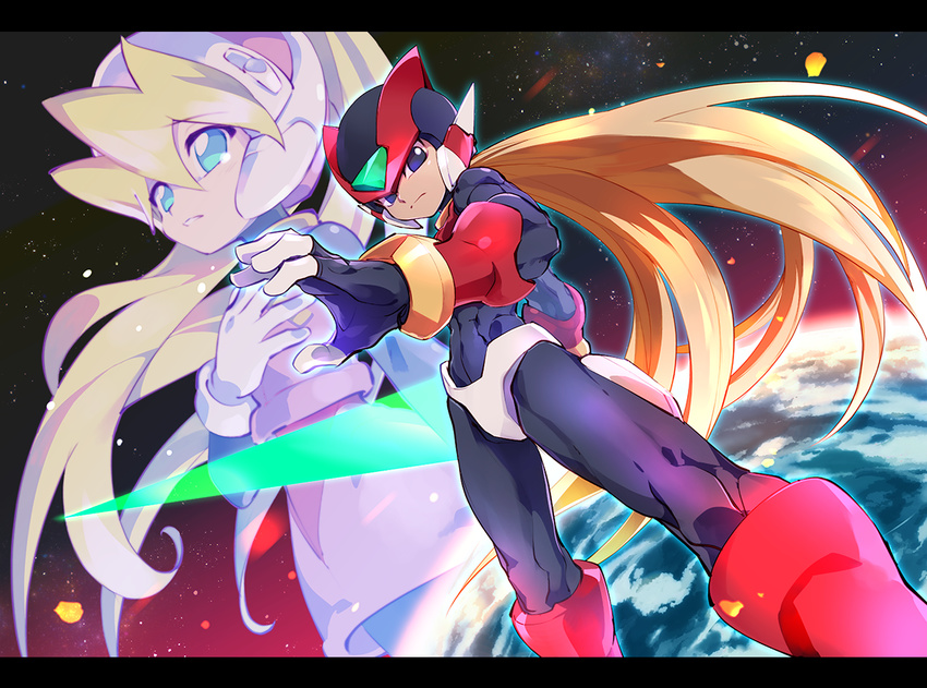 1girl android blonde_hair blue_eyes bodysuit boots bracer ciel_(rockman) commentary_request earth energy_sword green_eyes helmet knee_boots kon_(kin219) long_hair planet ponytail projected_inset rockman rockman_zero space sword very_long_hair weapon zero_(rockman)