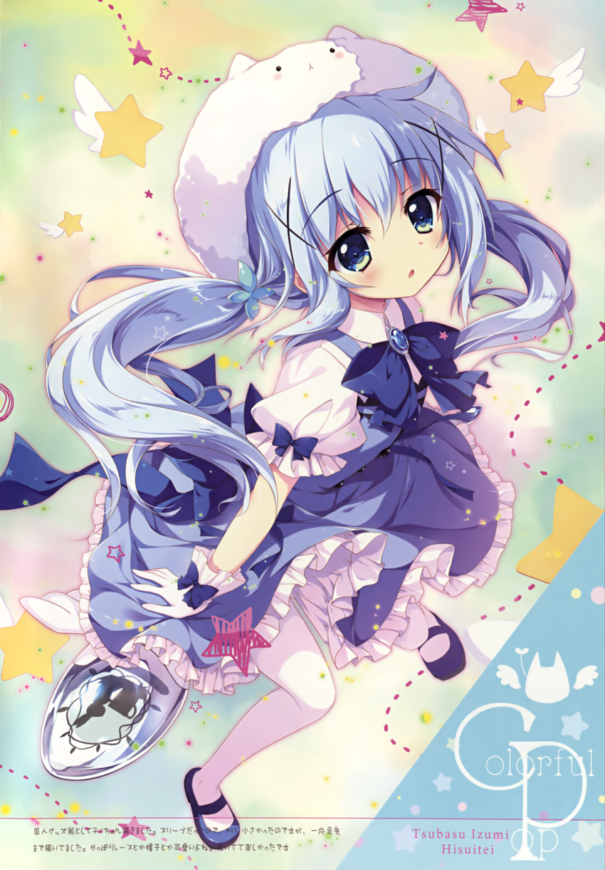 absurdres blue_dress blue_eyes blue_hair cover cover_page doujin_cover dress from_above gochuumon_wa_usagi_desu_ka? hair_ornament hairclip hat highres izumi_tsubasu kafuu_chino long_hair looking_up magical_girl mary_janes open_mouth oversized_object pantyhose shoes sitting solo spoon twintails white_legwear