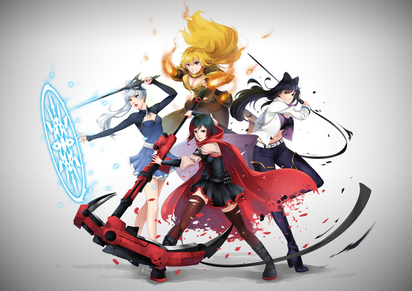 4girls absurdres asymmetrical_hair blake_belladonna boots breasts cape cleavage cleavage_cutout corset crescent_rose ember_celica_(rwby) fire frilled_skirt frills gambol_shroud glyph grey_background hair_ribbon high_heels highres left-handed long_hair lulu-chan92 multicolored_hair multiple_girls myrtenaster petals ribbon rose_petals ruby_rose rwby scythe short_hair simple_background skirt thighhighs torn_cape torn_clothes torn_thighhighs two-tone_hair weiss_schnee yang_xiao_long