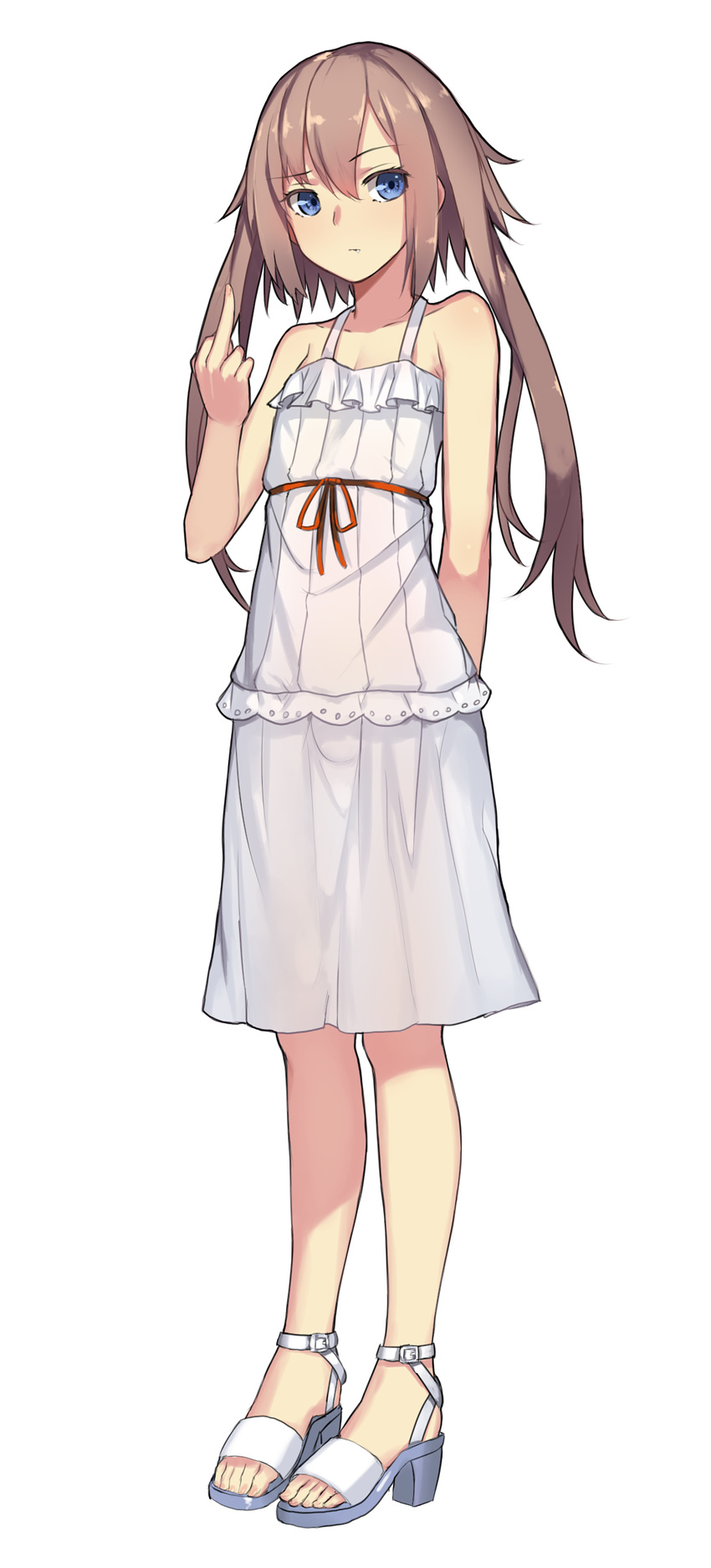 blue_eyes blush brown_hair closed_mouth collarbone crossdressing dress eyebrows_visible_through_hair fang high_heels highres long_hair looking_at_viewer male_focus middle_finger original otoko_no_ko solo twintails weiyinji_xsk white_dress