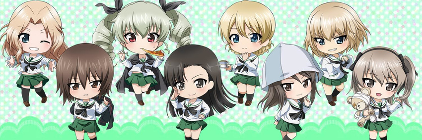 alternate_costume anchovy asymmetrical_bangs bandages bangs black_cape black_jacket black_legwear black_neckwear black_ribbon blonde_hair blouse blue_eyes blue_hat boko_(girls_und_panzer) braid brown_eyes brown_footwear brown_hair cape chibi cup darjeeling drill_hair food from_side girls_und_panzer green_hair green_skirt grin hair_intakes hair_ribbon hand_in_hair hand_on_hip hat holding holding_clothes holding_food jacket katyusha kay_(girls_und_panzer) kneehighs leg_up light_smile loafers long_hair long_sleeves looking_at_viewer mika_(girls_und_panzer) miniskirt multiple_girls neckerchief nishi_kinuyo nishizumi_maho one_eye_closed ooarai_school_uniform open_mouth parda_siko parted_lips pizza pleated_skirt red_eyes ribbon salute saucer school_uniform serafuku shimada_arisu shoes short_hair skirt sleeves_past_wrists smile socks standing standing_on_one_leg sweatdrop teacup thighhighs tied_hair trait_connection twin_braids twin_drills twintails white_blouse