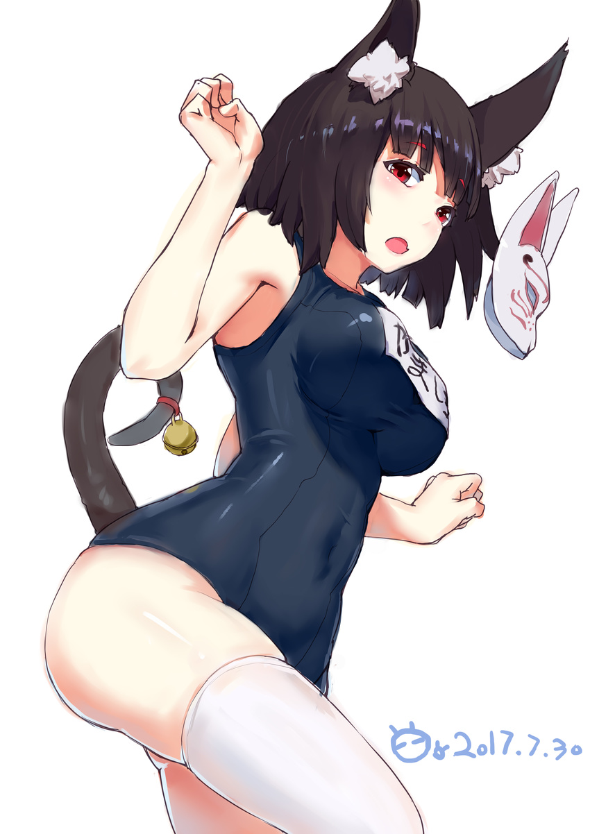 absurdres animal_ears ass azur_lane bell black_hair blush breasts cat_ears cat_tail chaoxi dated eyebrows_visible_through_hair highres large_breasts looking_at_viewer one-piece_swimsuit open_mouth school_swimsuit solo swimsuit tail yamashiro_(azur_lane)