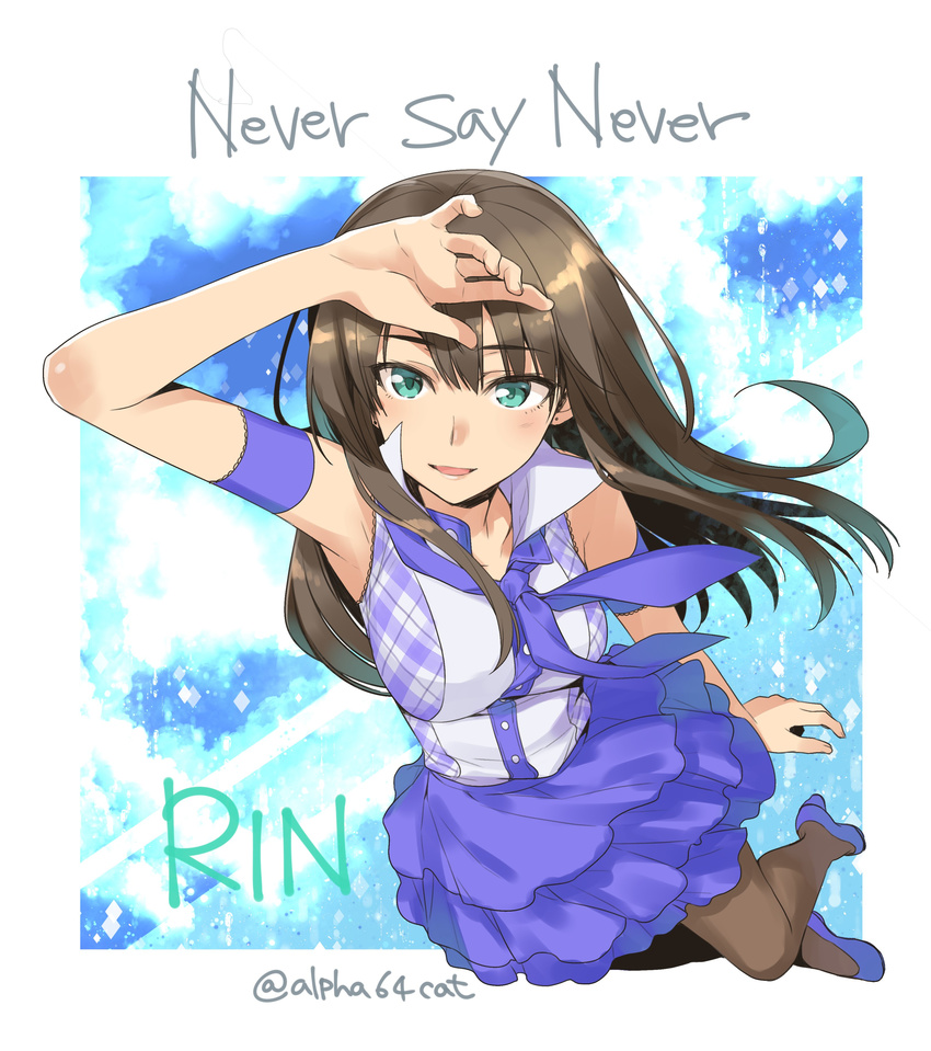 absurdres alpha_(yukai_na_nakamatachi) armband brown_hair character_name commentary_request ear_piercing green_eyes highres idolmaster idolmaster_cinderella_girls jpeg_artifacts long_hair never_say_never_(idolmaster) pantyhose piercing plaid shibuya_rin shoes signature solo song_name twitter_username