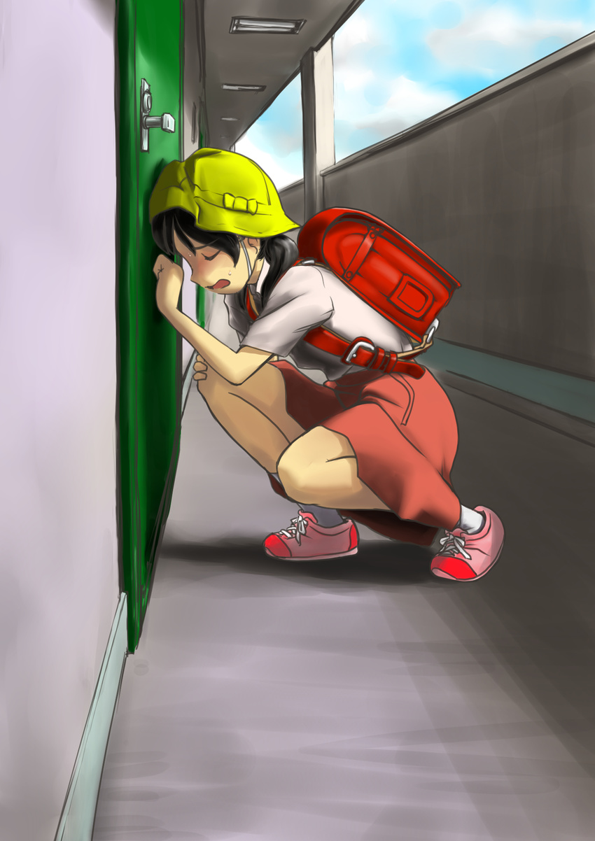 1girl apartment backpack bag black_hair blush cloud door door_handle eyebrows_visible_through_hair eyes_closed full_body hand_up hat have_to_pee highres loli miminari open_mouth original outdoors pigtails pink_shoes red_bag red_skirt school_bag shirt shoes short_hair short_sleeves skirt sky socks solo squatting sweat tied_hair white_shirt white_socks yellow_hat