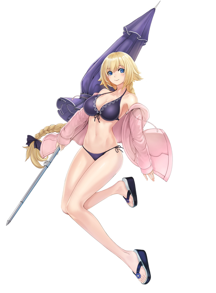 bangs bikini black_bow blonde_hair blue_bikini blue_eyes blush bow braid breasts cleavage closed_mouth collarbone eyebrows_visible_through_hair fate/apocrypha fate/grand_order fate_(series) flip-flops front-tie_bikini front-tie_top full_body hair_bow highres hood hoodie jeanne_d'arc_(fate) jeanne_d'arc_(fate)_(all) large_breasts long_hair looking_at_viewer mhg_(hellma) navel open_clothes open_hoodie revision sandals side-tie_bikini sidelocks single_braid smile solo swimsuit tareme thighs transparent_background very_long_hair