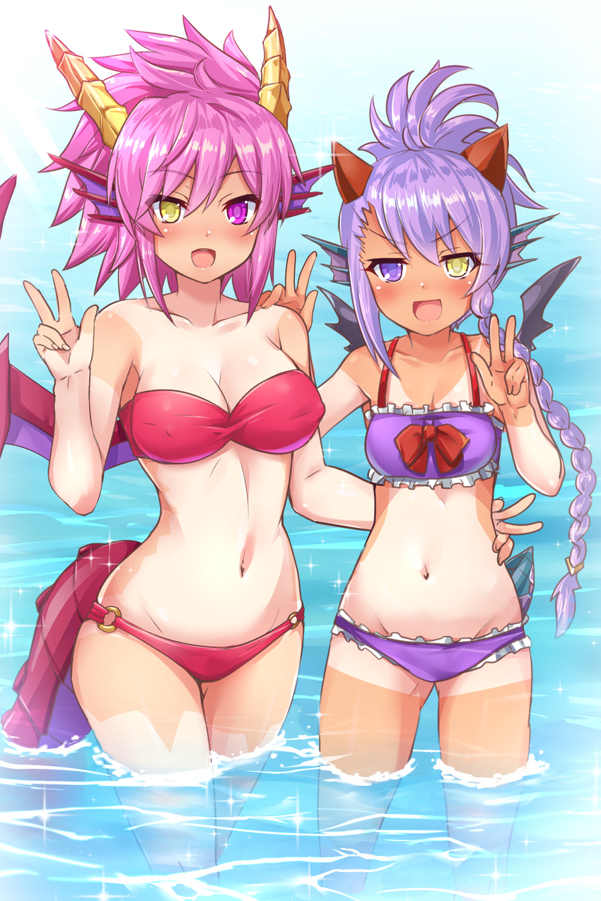 :d asymmetrical_bangs asymmetrical_hair bangs bare_arms bare_shoulders bikini black_wings blush bow braid breasts cleavage collarbone commentary_request covered_nipples day double_w dragon_girl dragon_horns eyebrows_visible_through_hair frilled_bikini frills groin hair_between_eyes hand_up head_fins heterochromia highres horns large_breasts legs_together long_hair looking_at_viewer multiple_girls navel o-ring o-ring_bikini o-ring_bottom one-piece_tan open_mouth pink_eyes pink_hair purple_bikini purple_eyes purple_hair purple_wings puzzle_&amp;_dragons red_bikini red_bow red_wings samoore sheena_(p&amp;d) shiny shiny_hair side_braid smile sonia_(p&amp;d) sparkle spiked_hair standing stomach strapless strapless_bikini swimsuit tail tan tanline tsurime v-shaped_eyebrows w wading water wings yellow_eyes