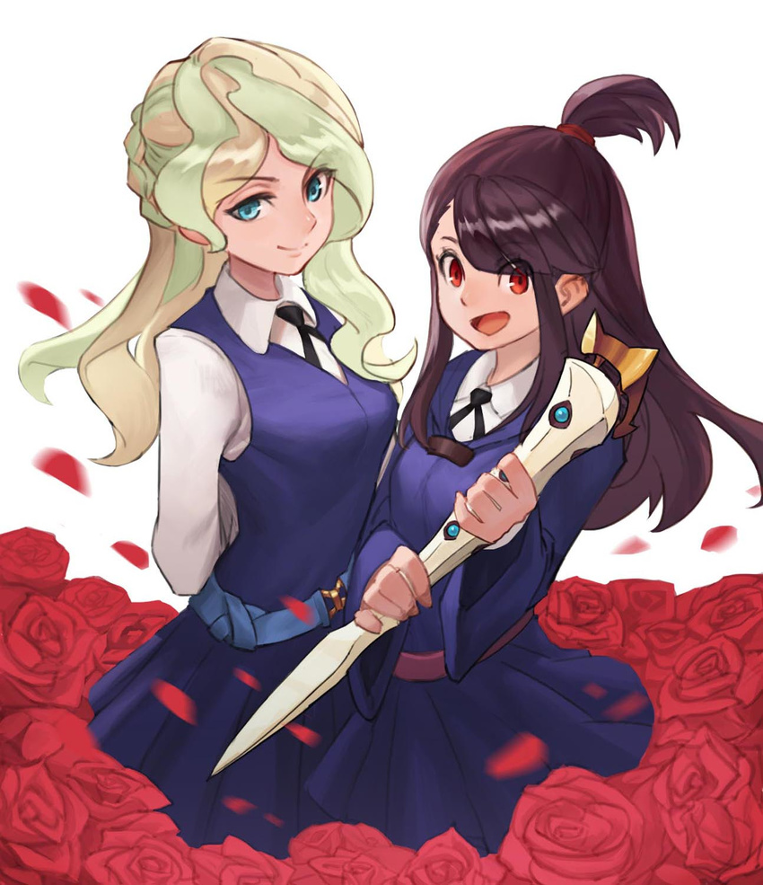 blue_eyes blush breasts brown_hair closed_mouth diana_cavendish eyebrows_visible_through_hair flower highres kagari_atsuko large_breasts light_green_hair little_witch_academia long_hair looking_at_viewer luna_nova_school_uniform multiple_girls red_eyes red_flower red_rose rose school_uniform shiny_rod smile ziongqian