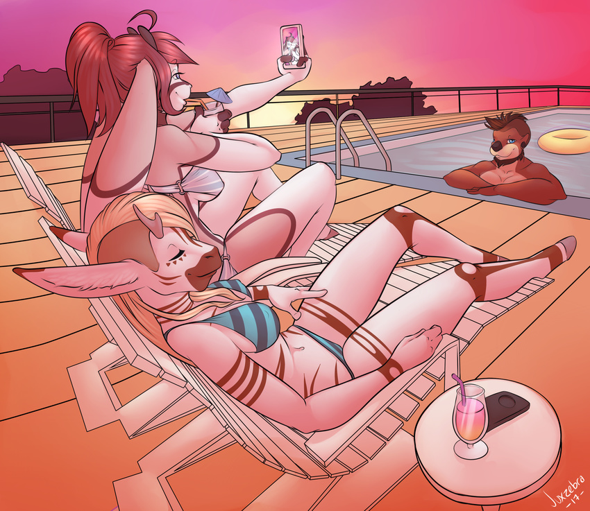 antelope anthro beverage bikini clothed clothing equine female gazelle group hybrid jackalope juxzebra lagomorph male mammal mustelid nipple_bulge otter outside phone selfie smile sunbathing swimming_pool swimsuit zebra