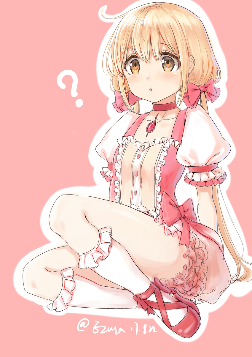 1girl :o artist_name artist_request blonde_hair bloomers blush bow breasts brown_eyes character_request choker collarbone date eyebrows_visible_through_hair gem gloves hair_bow highres kaname_madoka kaname_madoka_(cosplay) kneehighs long_hair magical_girl mahou_shoujo_madoka_magica open_mouth pink_background puffy_sleeves question_mark shiny_thighs short_twintails simple_background sitting small_breasts solo source_request very_long_hair white_outline