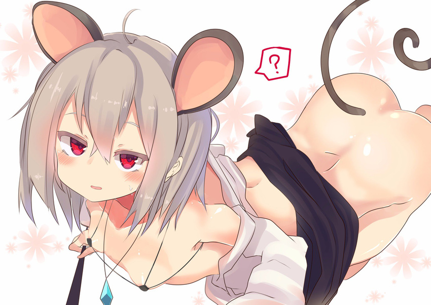 ? ahoge animal_ears ass bangs bare_shoulders black_skirt blush breasts eyebrows_visible_through_hair grey_hair hair_between_eyes highres holding jewelry looking_at_viewer micro_bikini_top mouse_ears mouse_tail nazrin necklace no_panties off_shoulder open_mouth red_eyes shirt short_hair skirt skirt_lift small_breasts solo spoken_question_mark sweat tail te_toga touhou white_shirt
