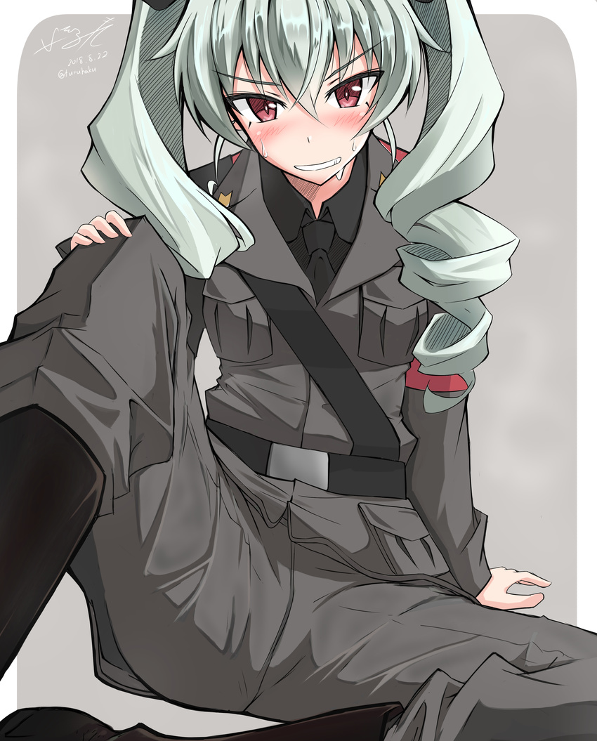 absurdres anchovy anzio_military_uniform arm_support artist_name bangs belt black_belt black_footwear black_ribbon black_shirt blurry boots commentary_request dated depth_of_field drill_hair eyebrows_visible_through_hair eyes_visible_through_hair girls_und_panzer green_hair grey_background grey_jacket grey_pants grin hair_ribbon hand_on_own_knee highres isofude jacket knee_boots long_hair looking_at_viewer military military_uniform outside_border pants red_eyes ribbon rounded_corners sam_browne_belt shirt signature sitting smile solo sweat twin_drills twintails twitter_username uniform