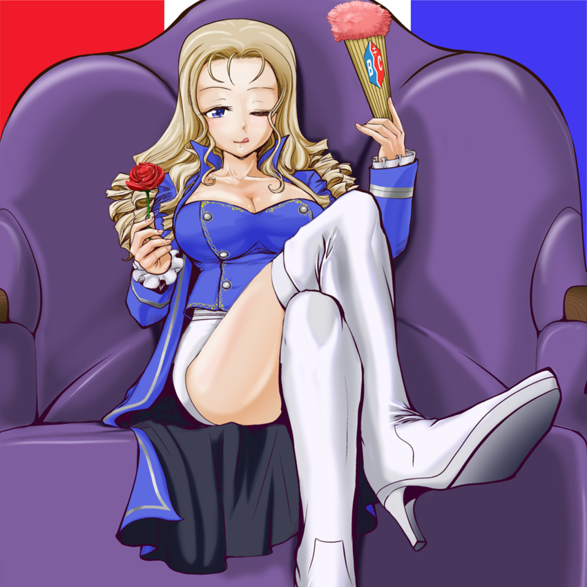 :p bc_freedom_(emblem) blouse blue_blouse blue_coat boots breasts chair cleavage closed_mouth crossed_legs drill_hair emblem fan flag_background flower folding_fan foreshortening french_flag girls_und_panzer girls_und_panzer_saishuushou high_heel_boots high_heels highres holding large_breasts long_hair long_sleeves looking_at_viewer marie_(girls_und_panzer) miniskirt one_eye_closed pencil_skirt red_flower red_rose ringlets rose shadow sitting skirt smile solo thigh_boots thighhighs tongue tongue_out white_footwear white_skirt yoyokkun