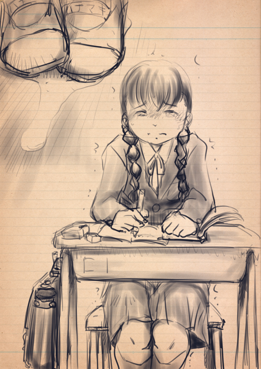 1girl bag blush book bow braid chair desk eraser eyebrows_visible_through_hair greyscale half-closed_eyes hands_up have_to_pee highres jacket kneehighs long_hair long_sleeves miminari monochrome multiple_views original peeing peeing_self pencil pleated_skirt puddle ribbon school_bag school_uniform shoes simple_background sitting sketch skirt socks solo sweat tied_hair traditional_media trembling twin_braids uniform wavy_mouth white_background