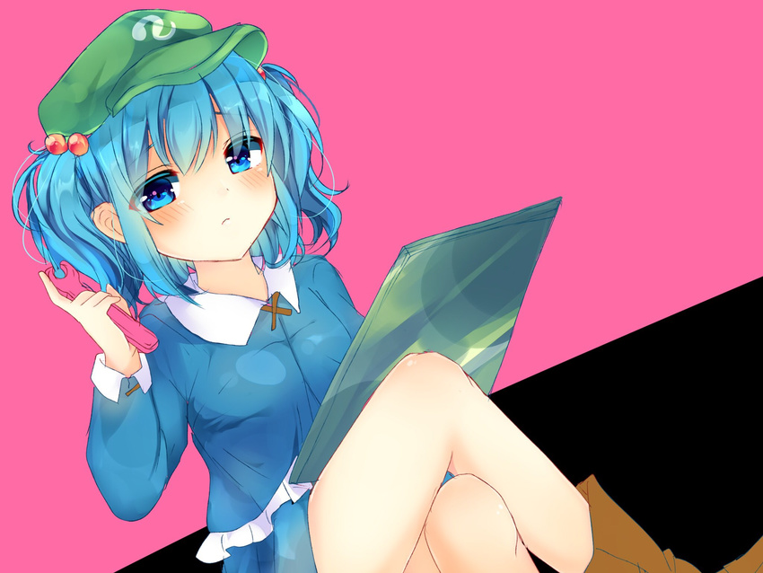 bangs blue_eyes blue_hair blush boots brown_footwear closed_mouth crossed_legs eyebrows_visible_through_hair green_hat hair_bobbles hair_ornament hat highres holding karasusou_nano kawashiro_nitori legs long_hair long_sleeves looking_at_viewer multicolored multicolored_background short_hair sitting solo thighs touhou two-tone_background wrench