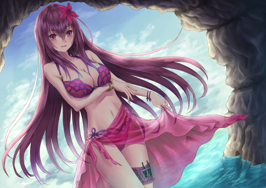 :d absurdres bikini bracelet breasts cleavage collarbone day dutch_angle eyebrows_visible_through_hair fate/grand_order fate_(series) floating_hair flower hair_between_eyes hair_flower hair_ornament highres jewelry large_breasts long_hair looking_at_viewer navel open_mouth outdoors purple_eyes purple_hair red_bikini red_flower sarong scathach_(fate)_(all) scathach_(swimsuit_assassin)_(fate) see-through skirt_hold smile solo swimsuit thigh_strap tobychou