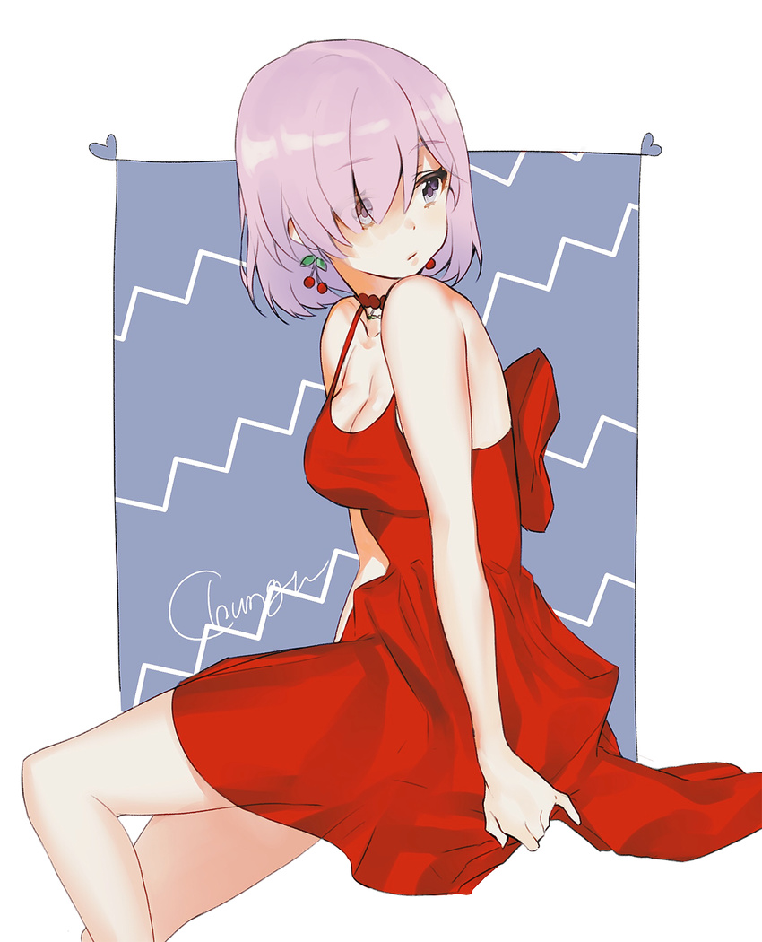 arms_at_sides bangs bare_arms bare_shoulders blue_eyes breasts cherry_earrings choker chungu cleavage closed_mouth collarbone dress earrings eyebrows_visible_through_hair eyes_visible_through_hair fate/grand_order fate_(series) food_themed_earrings hair_over_one_eye highres jewelry looking_away mash_kyrielight medium_breasts purple_eyes purple_hair red_choker red_dress short_hair signature sitting sleeveless sleeveless_dress solo